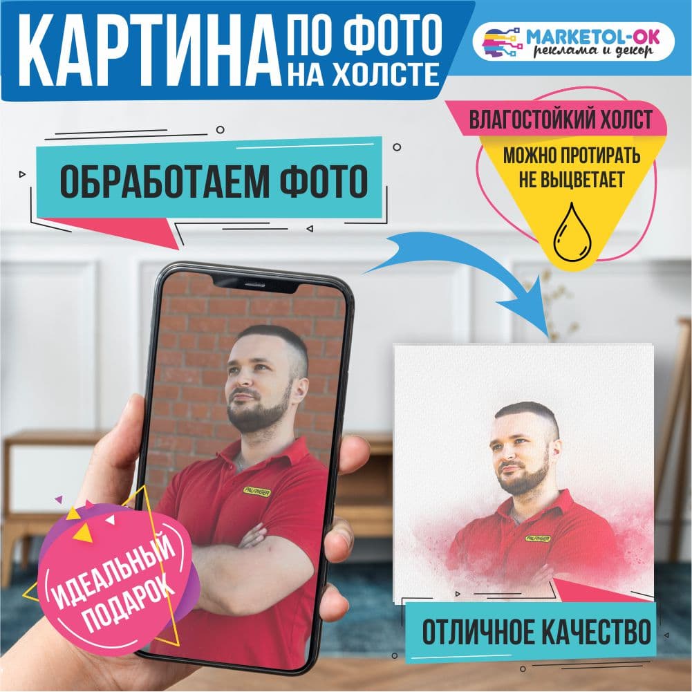 Картина по фото на холсте / Фотопортрет на холсте / Портрет на холсте / Картина по фотографии /Эффект "Акварель"