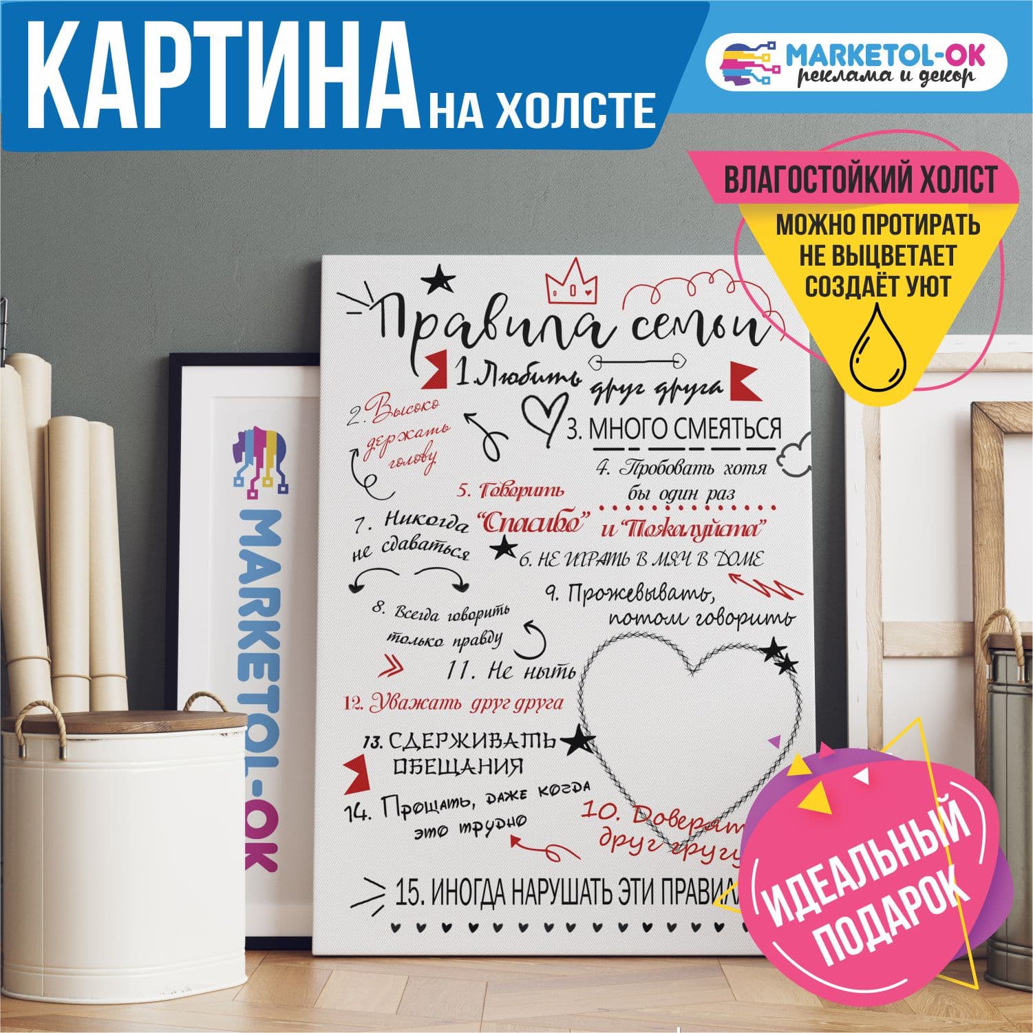 Картина / постер мотиватор на холсте "Правила семьи 7" / Печать на холсте